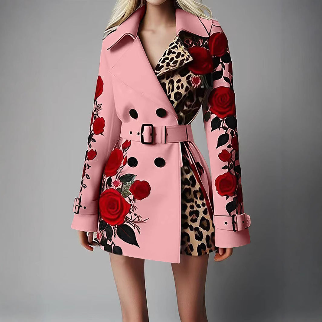 Women Tailored Trench Coat with Rose Print and Leopard Lining Mune Fashion
