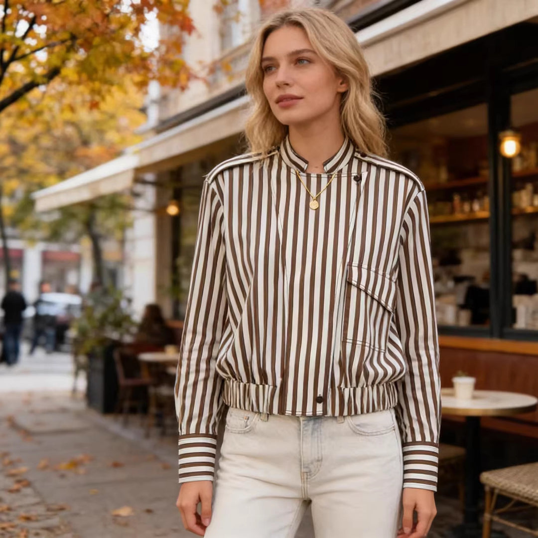 Women's Striped Blouson Shirt Blouse with Stand Collar, Shoulder Epaulettes, and Elastic Hem Mune Fashion