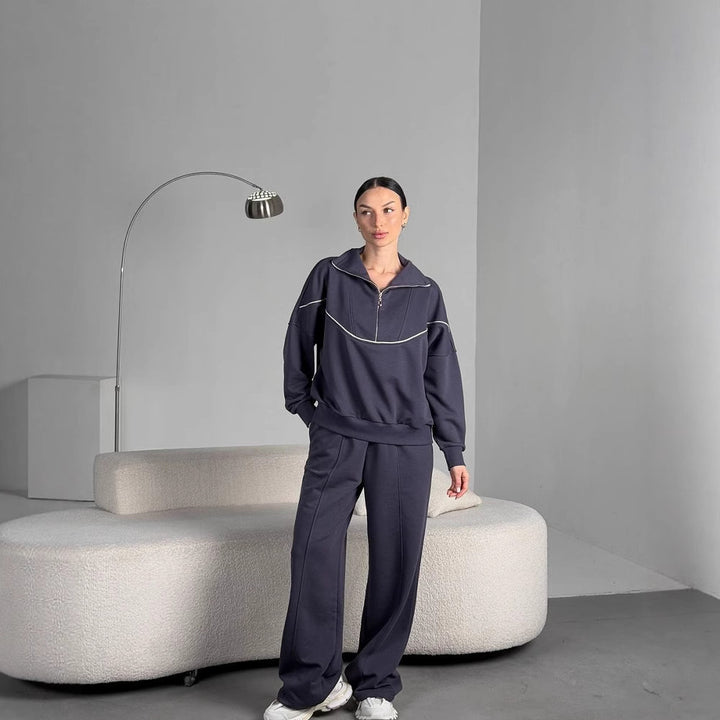 Women Loose Loungewear Set with Half-Zip, Dropped Shoulders and Wide Palazzo Pants Mune Fashion