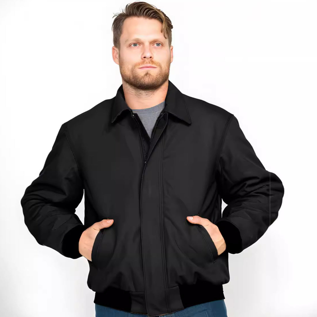 Men's short bomber jacket made of soft synthetic leather with ribbed cuffs Mune Fashion