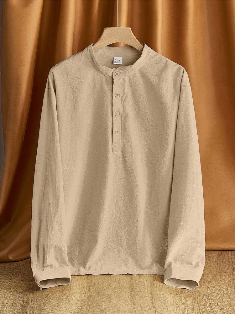 Men's Linen Blend Long Sleeve Henley Shirt with Stand Collar Mune Fashion