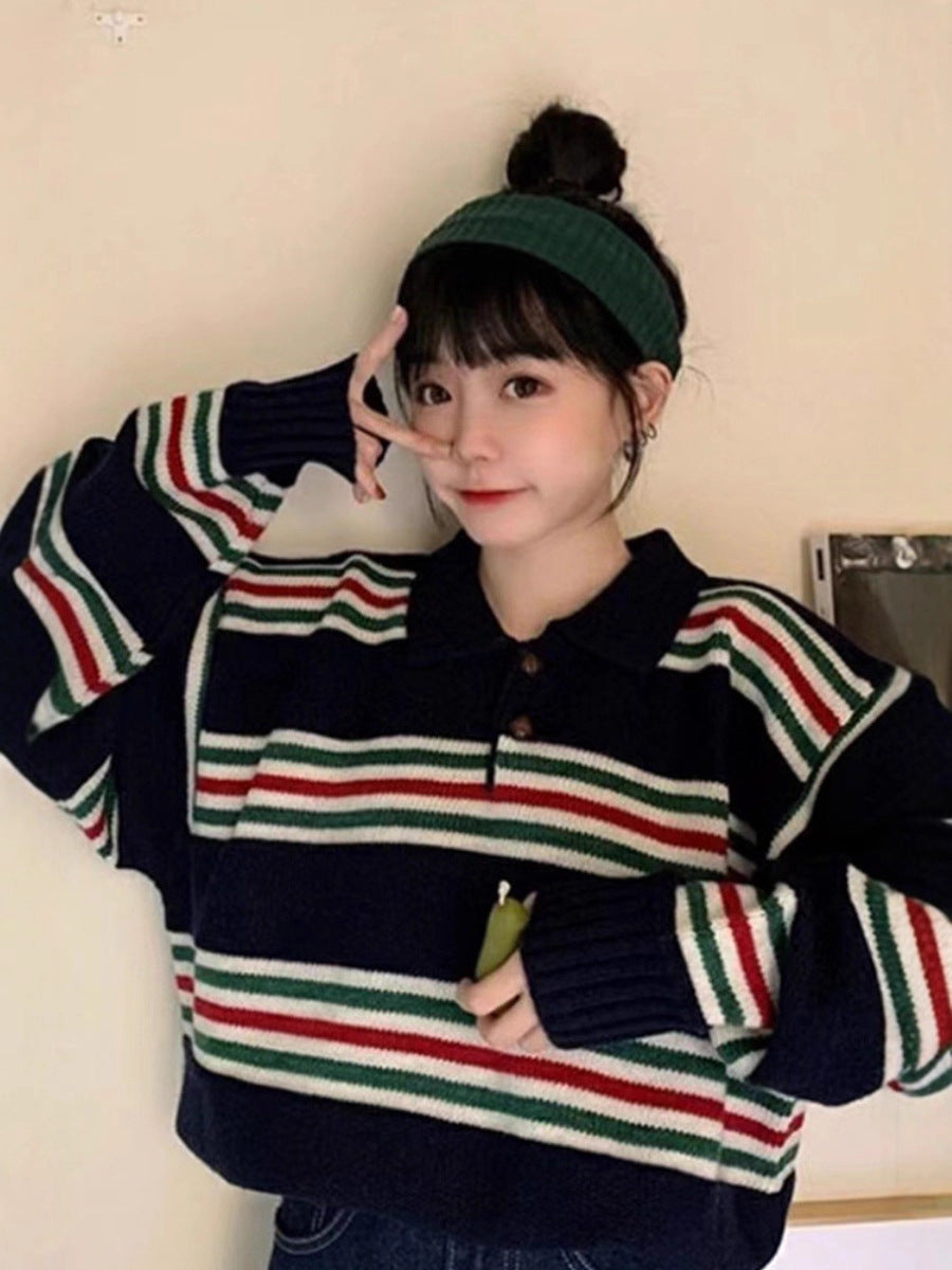 Women's Oversize Polo Collar Knit Sweater with Maritime Block Stripes and Boxy Cropped Silhouette Mune Fashion