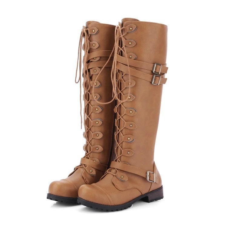 Women's knee-high lace-up boots with adjustable decorative buckles and robust tread sole Mune Fashion
