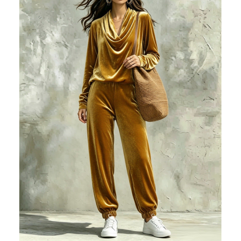 Women's Velvet Lounge Set with Waterfall Collar and Jogger Pants Mune Fashion