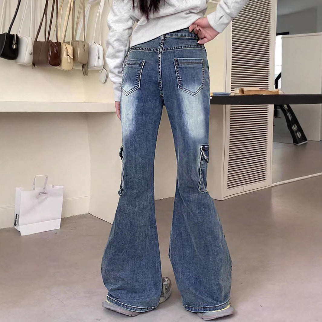 Women's wide flared cargo-style jeans with decorative ribbons, lace appliqués, and multiple pockets Mune Fashion