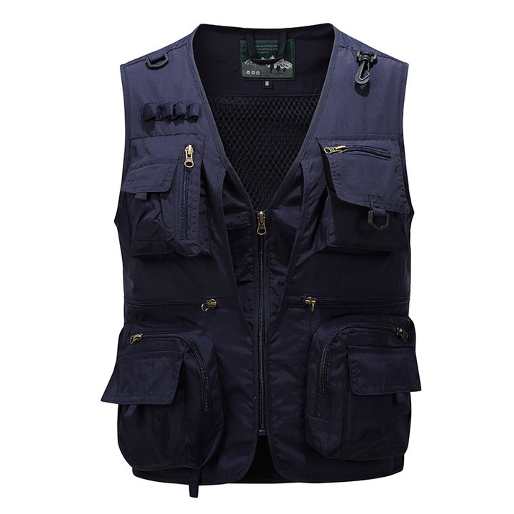 Men's multifunctional fishing vest with mesh lining, multiple zipper and flap pockets.