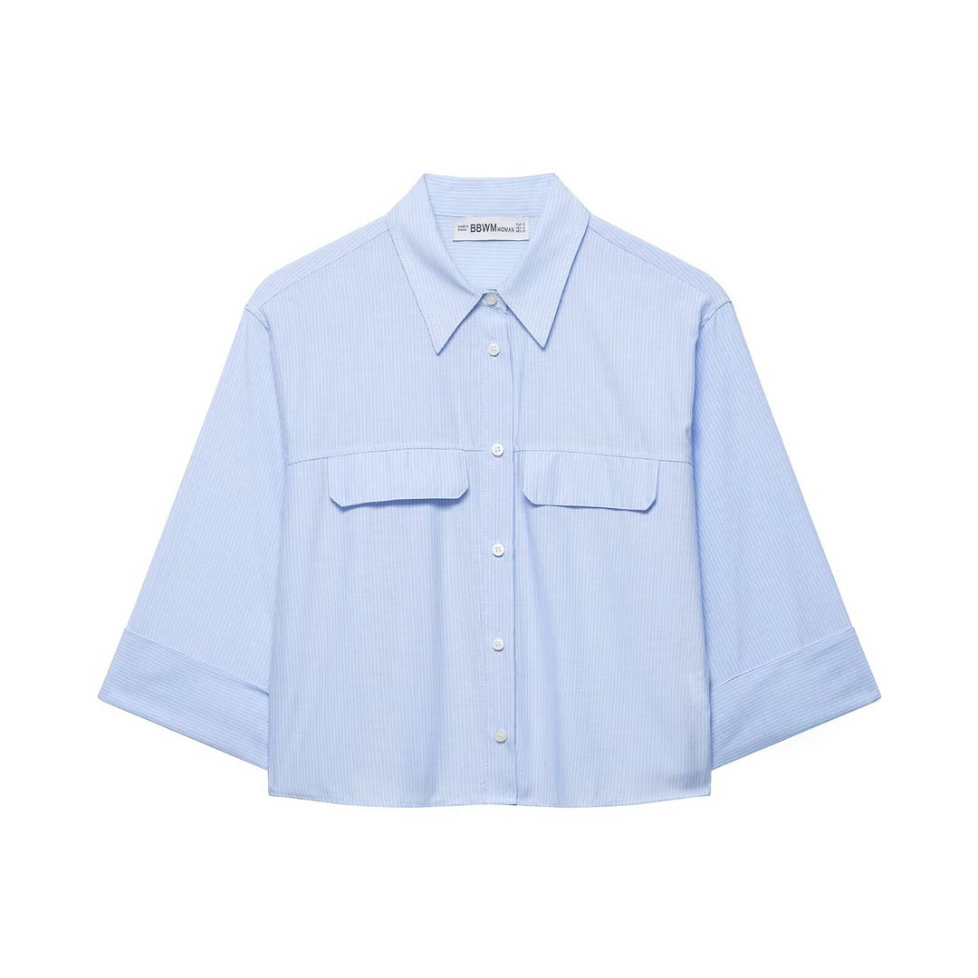Women's Oversized Cropped Shirt Blouse with Breast Pockets and Half-Length Sleeves Mune Fashion