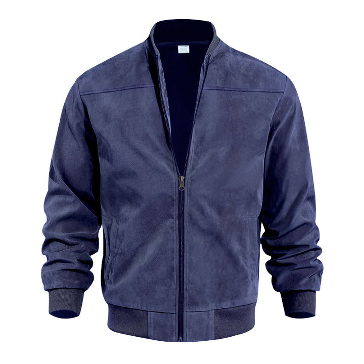 Men's faux suede bomber jacket with stand-up collar, ribbed cuffs, and side pockets Mune Fashion