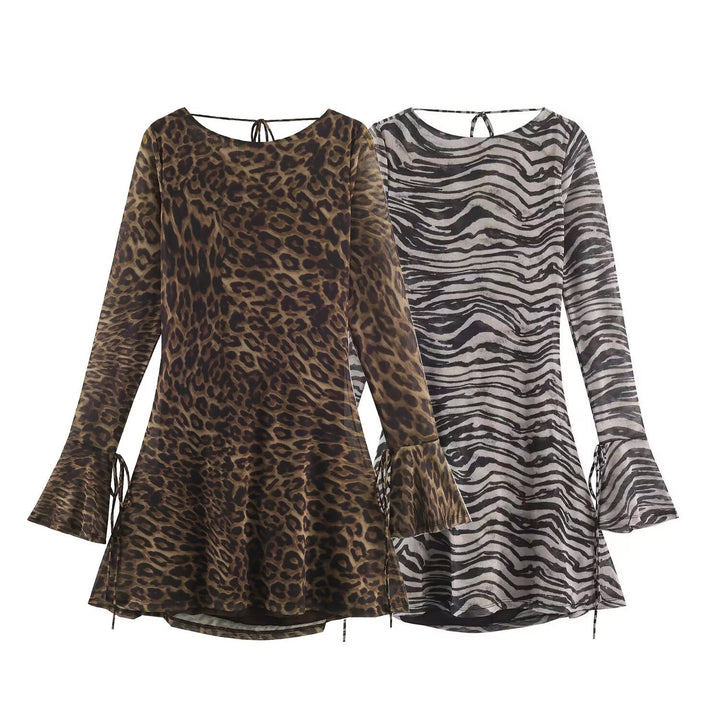 Women Semi-Transparent Mesh Tunic Mini Dress with A-Line, Trumpet Sleeves and Back Lacing Mune Fashion