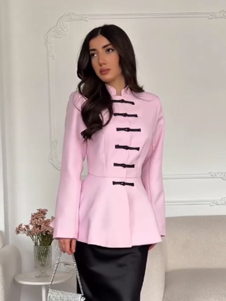 Women's Tailored Peplum Jacket with Stand Collar and Decorative Toggle Fasteners Mune Fashion