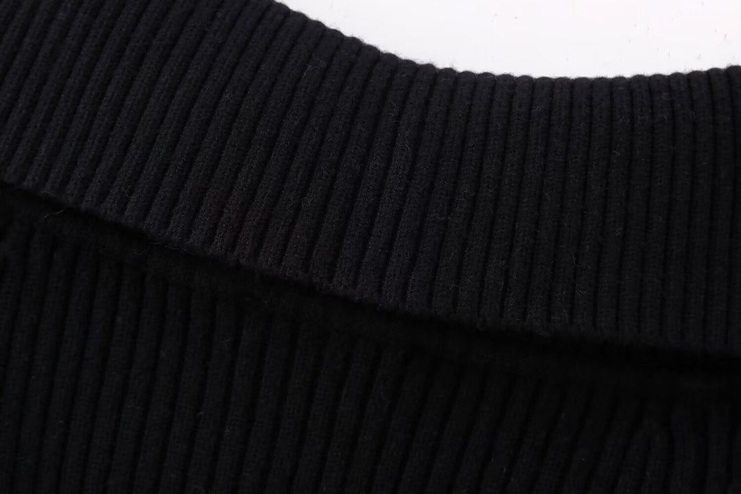 Women’s Short Cut Ribbed Knit Jacket with Wide Off-Shoulder Collar and Full-Length Zipper Mune Fashion