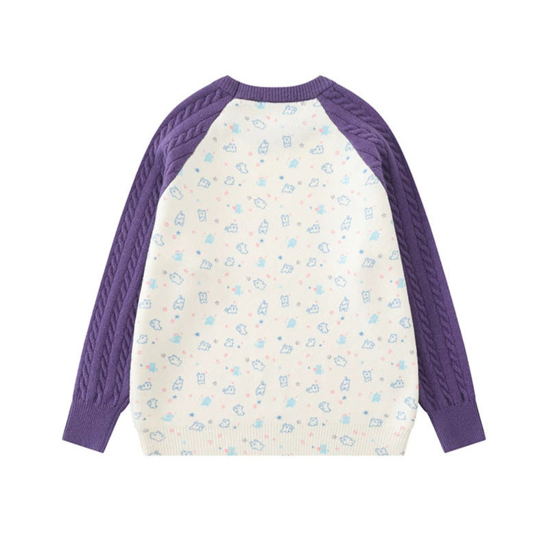 Women's knitted sweater with raglan sleeves, cable pattern sleeves and cartoon cat front print Mune Fashion