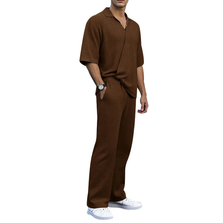Men's finely structured two-piece set with open polo collar short sleeve shirt and straight comfort waistband pants Mune Fashion