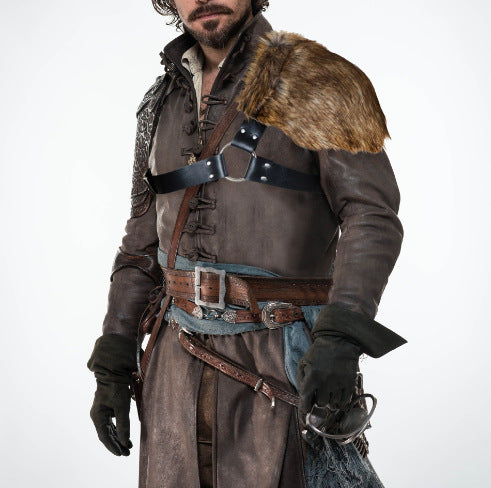 Men's asymmetrical shoulder harness with faux fur shoulder cape and adjustable leather straps Mune Fashion