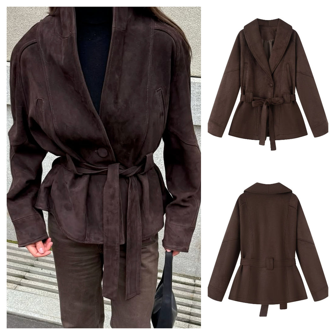 Ladies short coat in kimono style made of velour look with wide shawl collar and waist belt Mune Fashion