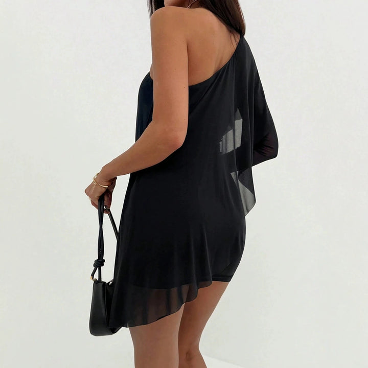 Women's asymmetrical off-the-shoulder mini dress with draping and gathered skirt Mune Fashion