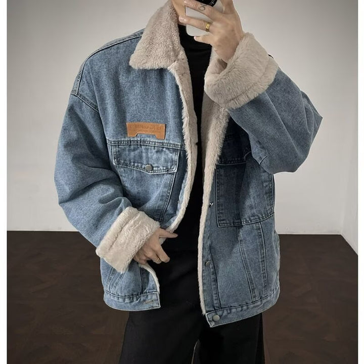 Men's Denim Jacket with Faux Fur Collar Mune Fashion