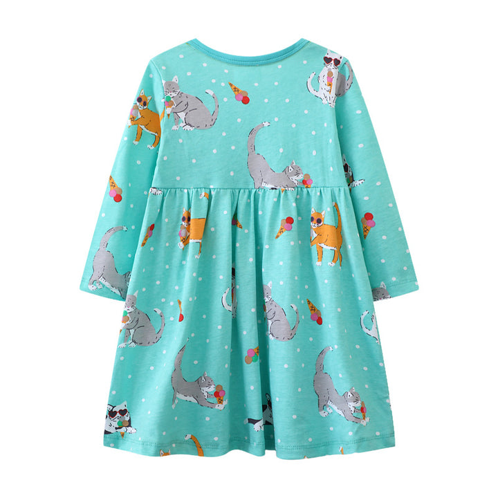 Girls casual dress with playful cat motif and practical pockets Mune Fashion