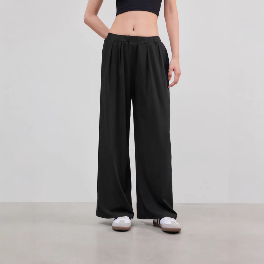 Women's Wide Palazzo Knit Trousers with High Elastic Waistband and Fine Ribbed Texture Drune