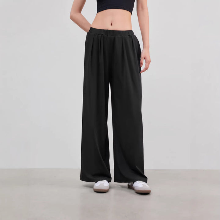 Women's Wide Palazzo Knit Trousers with High Elastic Waistband and Fine Ribbed Texture Drune