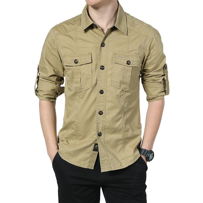 Men's Long-Sleeved Canvas Field Shirt with Chest Patch Pockets and Military Details Mune Fashion