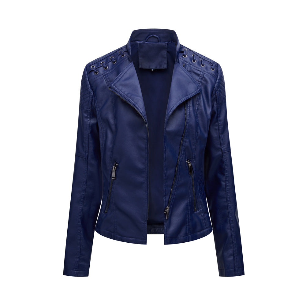 Women's short biker jacket made of faux leather with decorative eyelet lacing on the shoulders Mune Fashion
