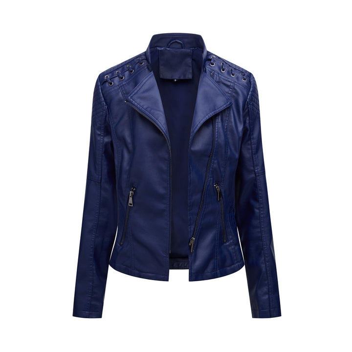 Women's short biker jacket made of faux leather with decorative eyelet lacing on the shoulders Mune Fashion