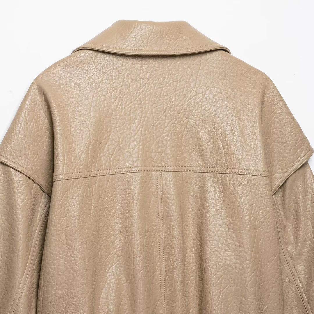 Women's Short Cut Faux Leather Jacket in Oversized Trench Style Mune Fashion