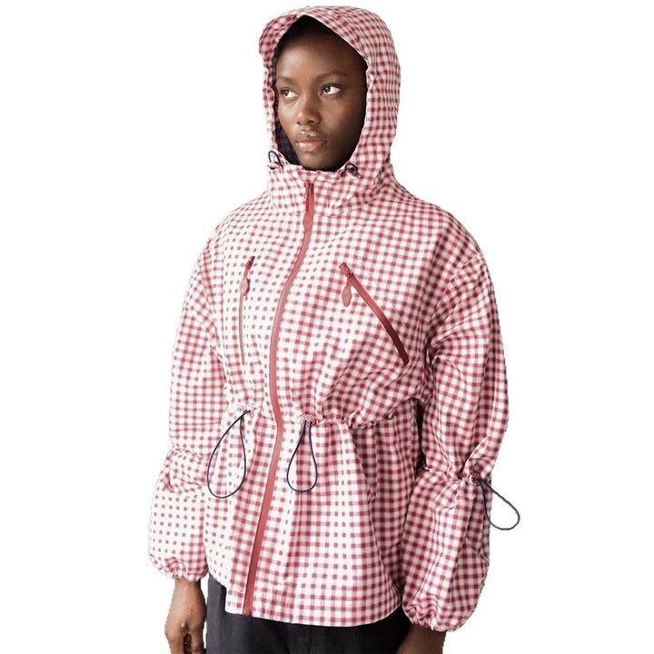 Women's Check Windbreaker with Waist Drawstring, Hood and Zipper Mune Fashion