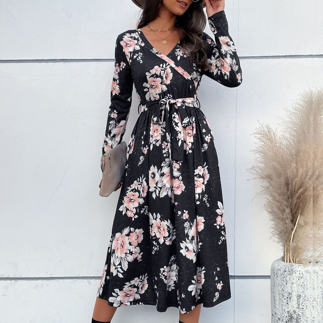 Women Floral Wrap Midi Dress with V-Neck, Waist Belt and Flared Skirt Mune Fashion