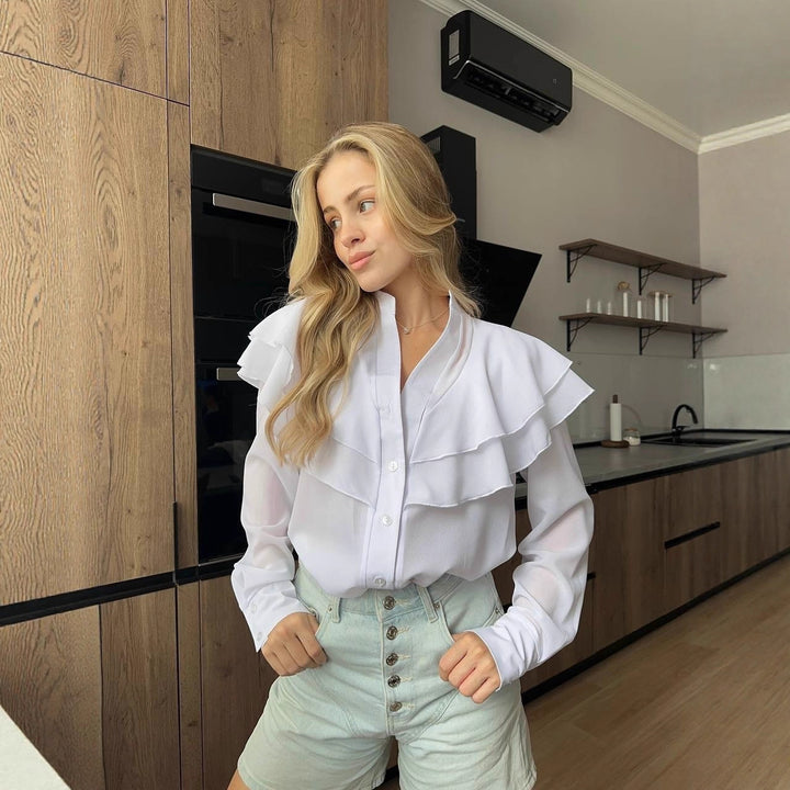 Women's chiffon blouse with layered ruffle and pearl buttons Mune Fashion