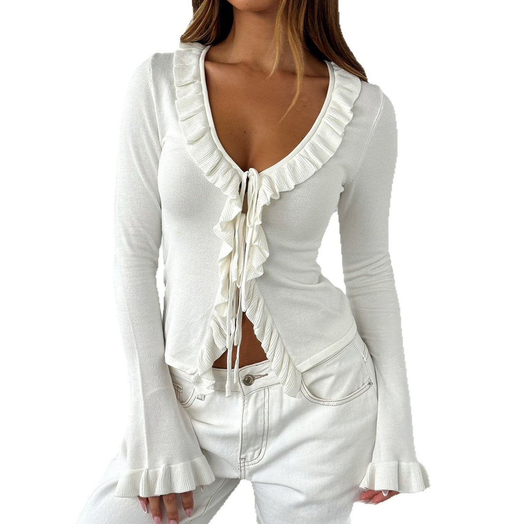 Women’s fitted ruffled fine knit cardigan with tie belt, V-neck and flounce sleeves Mune Fashion