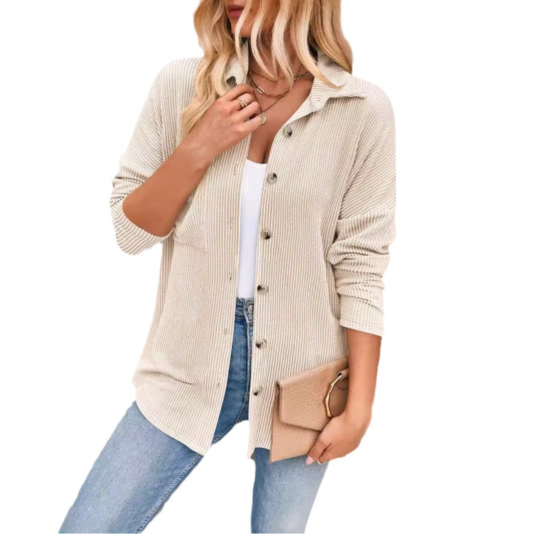 Women's Ribbed Oversized Shirt Jacket with Full Button Placket and Shirt Collar Mune Fashion