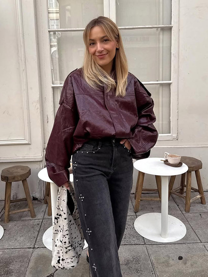 Women's short jacket in glossy patent look with boxy silhouette and dropped shoulders Mune Fashion