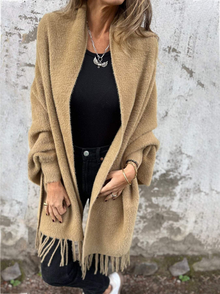 Women's longer cozy fringed cardigan with shawl collar and oversized fit Mune Fashion
