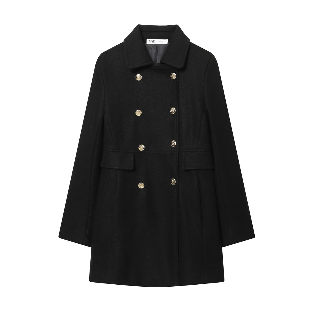 Women Double-breasted Wool Coat with Flared Pleated Skirt and Golden Decorative Buttons Mune Fashion