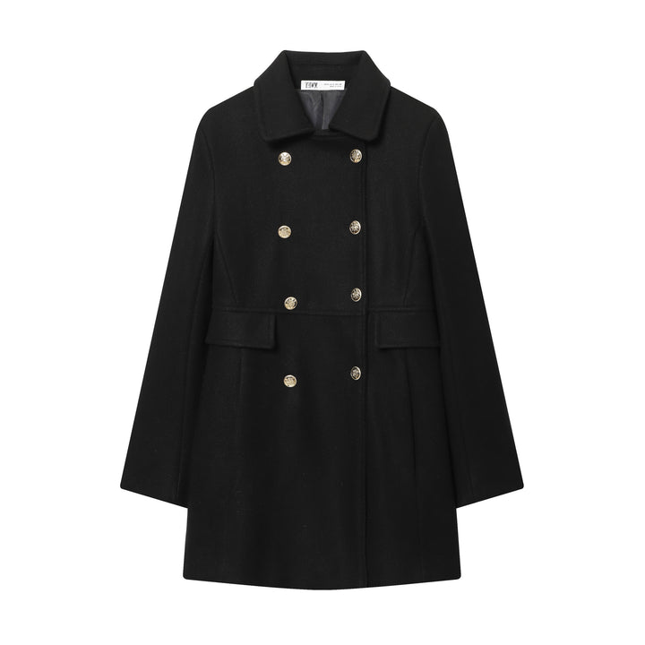 Women Double-breasted Wool Coat with Flared Pleated Skirt and Golden Decorative Buttons Mune Fashion