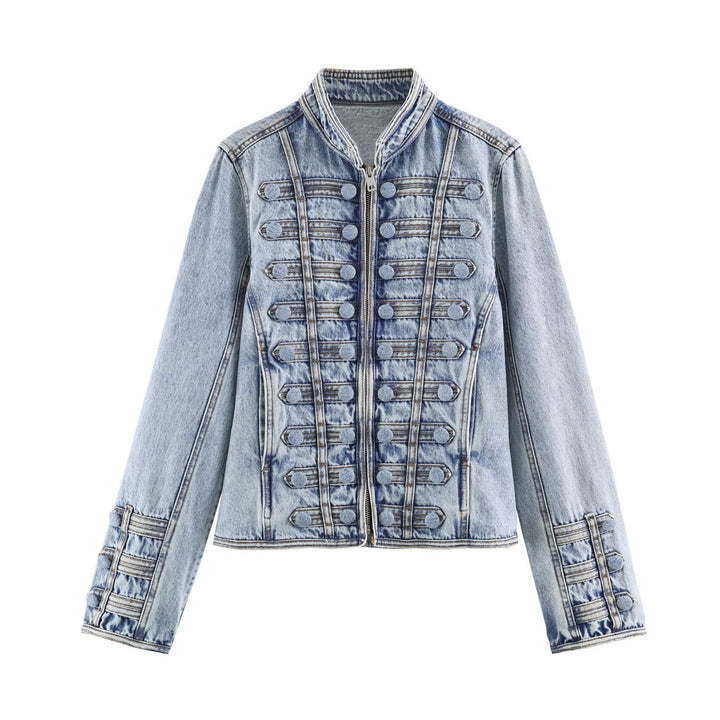 Women Tailored Short Jacket in Historical Uniform Style with Stand-Up Collar Mune Fashion