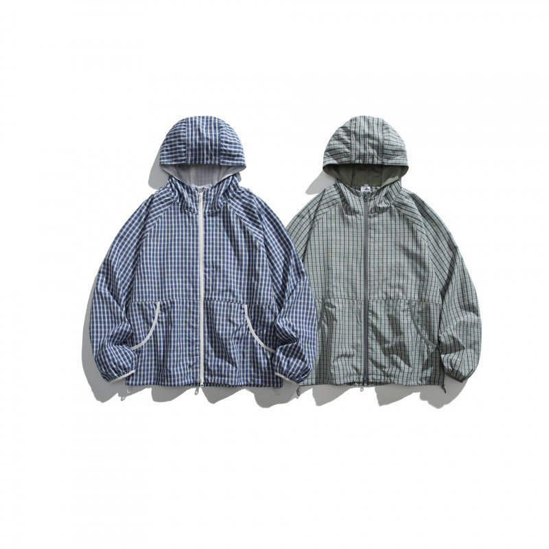 Unisex Lightweight Checked Windbreaker Jacket with Hood, Raglan Sleeves, and Drawstring Mune Fashion
