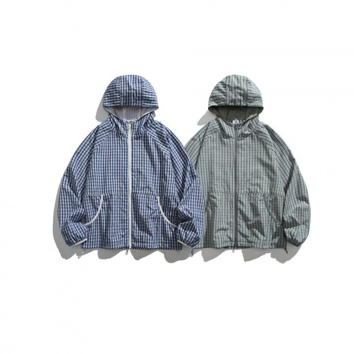 Unisex Lightweight Checked Windbreaker Jacket with Hood, Raglan Sleeves, and Drawstring Mune Fashion