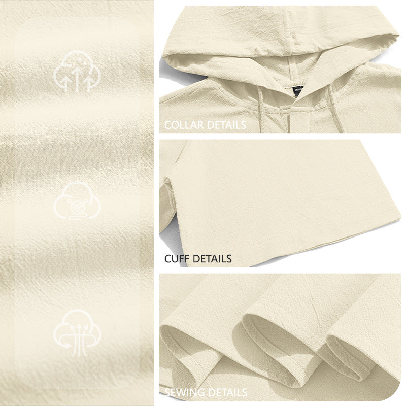 Men's short-sleeved hooded Henley made of slub cotton with concealed button placket and drawstring Mune Fashion