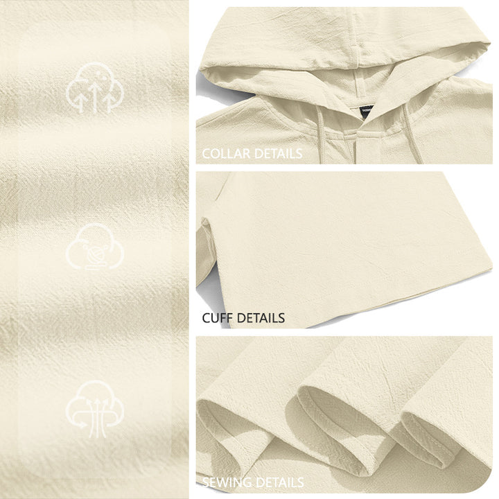 Men's short-sleeved hooded Henley made of slub cotton with concealed button placket and drawstring Mune Fashion