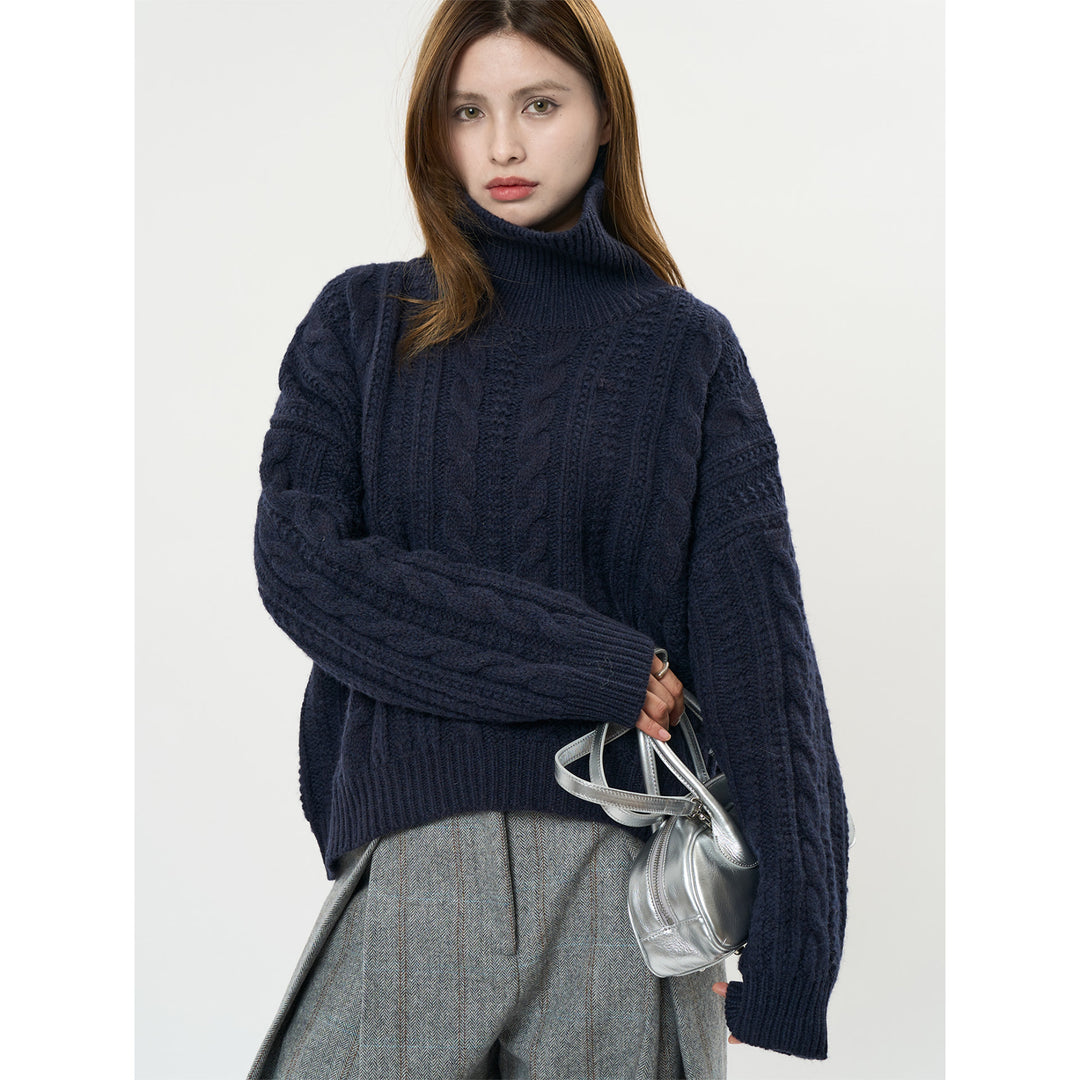 Women Chunky Knit Turtleneck Sweater with Cable Pattern and Relaxed Fit Mune Fashion