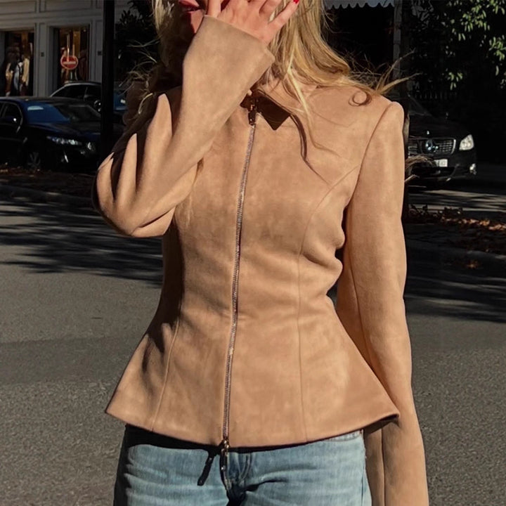 Women's Tailored Suede Look Jacket with Two-Way Zipper Mune Fashion