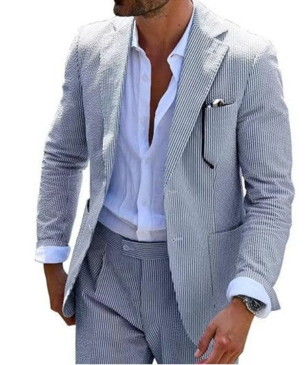 Men's summer seersucker suit with unlined jacket, slim fit, and pleated trousers Mune Fashion