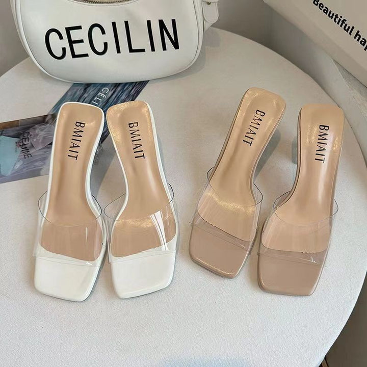 Women's Transparent Slip-On Sandal with Square Toe Box and Faceted Acrylic Block Heel Mune Fashion