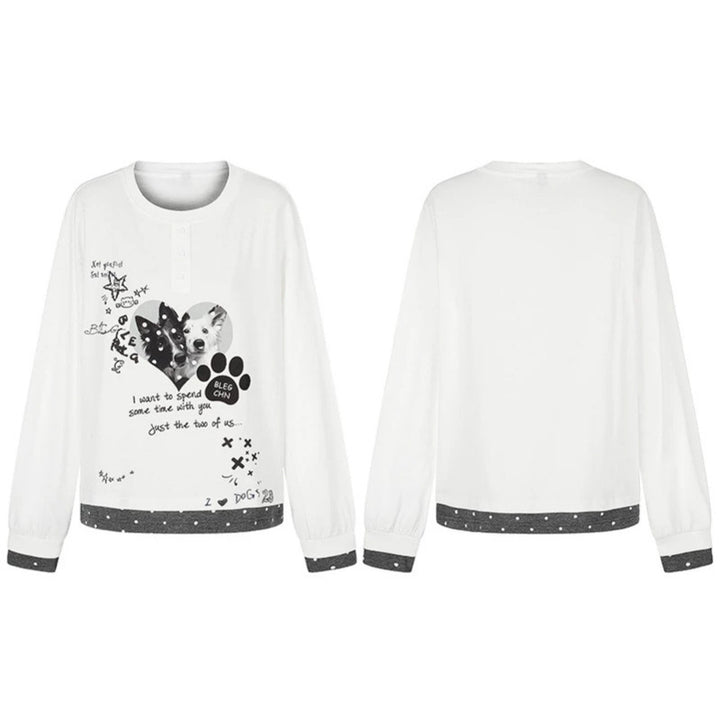 Women's loungewear long sleeve with puppy print, henley button placket and dotted hem
