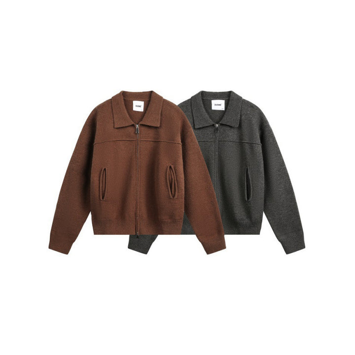 Men's knitted zip jacket with shirt collar, ribbed cuffs, and concealed side pockets Mune Fashion