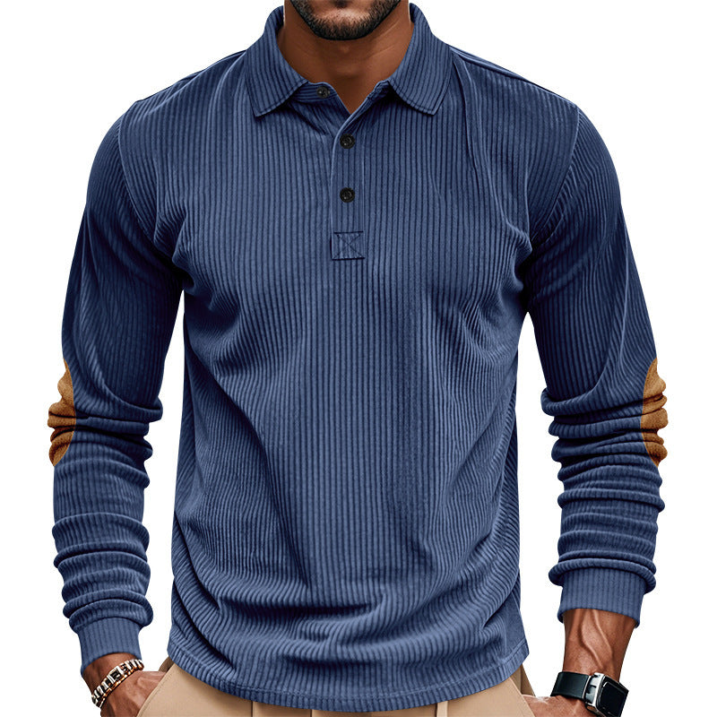 Men's heavy ribbed cotton polo sweater with Kent collar, triple button placket, and suede elbow patches Mune Fashion