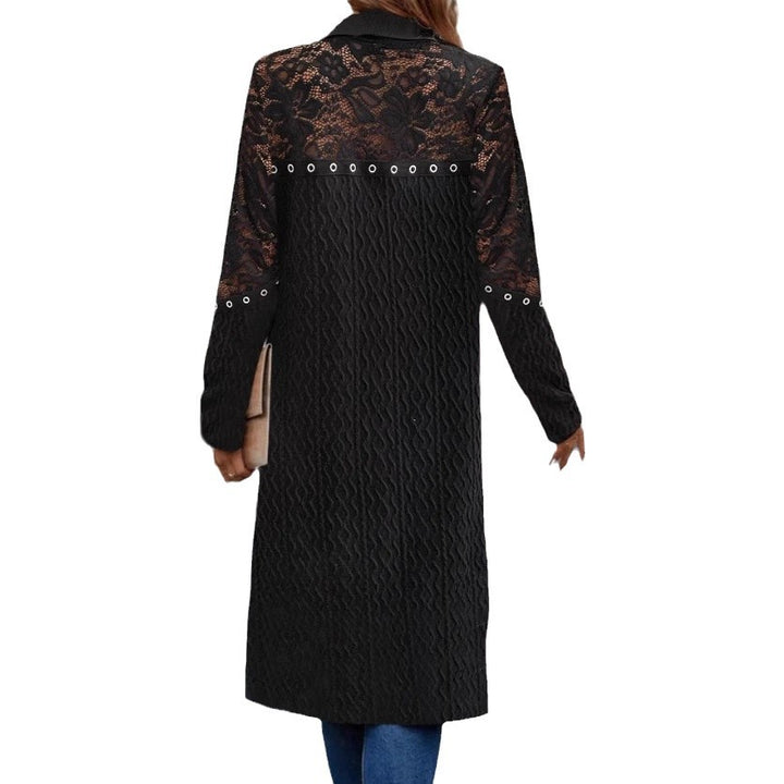 Women's longer lace cardigan with eyelet trim, transparent sleeves, and structured knit look Mune Fashion